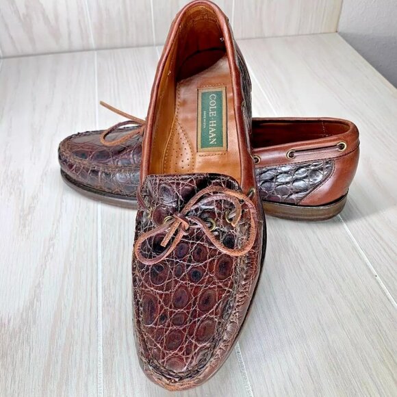 COLE HAAN Crocodile Brown Loafers Size 9M Made in USA RARE Luxury Shoes - Picture 1 of 12